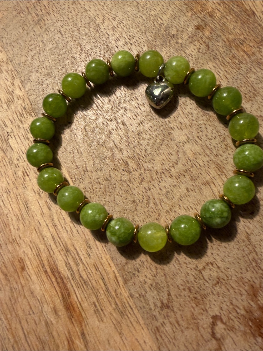 Green Jade Beaded Bracelet with Heart Charm